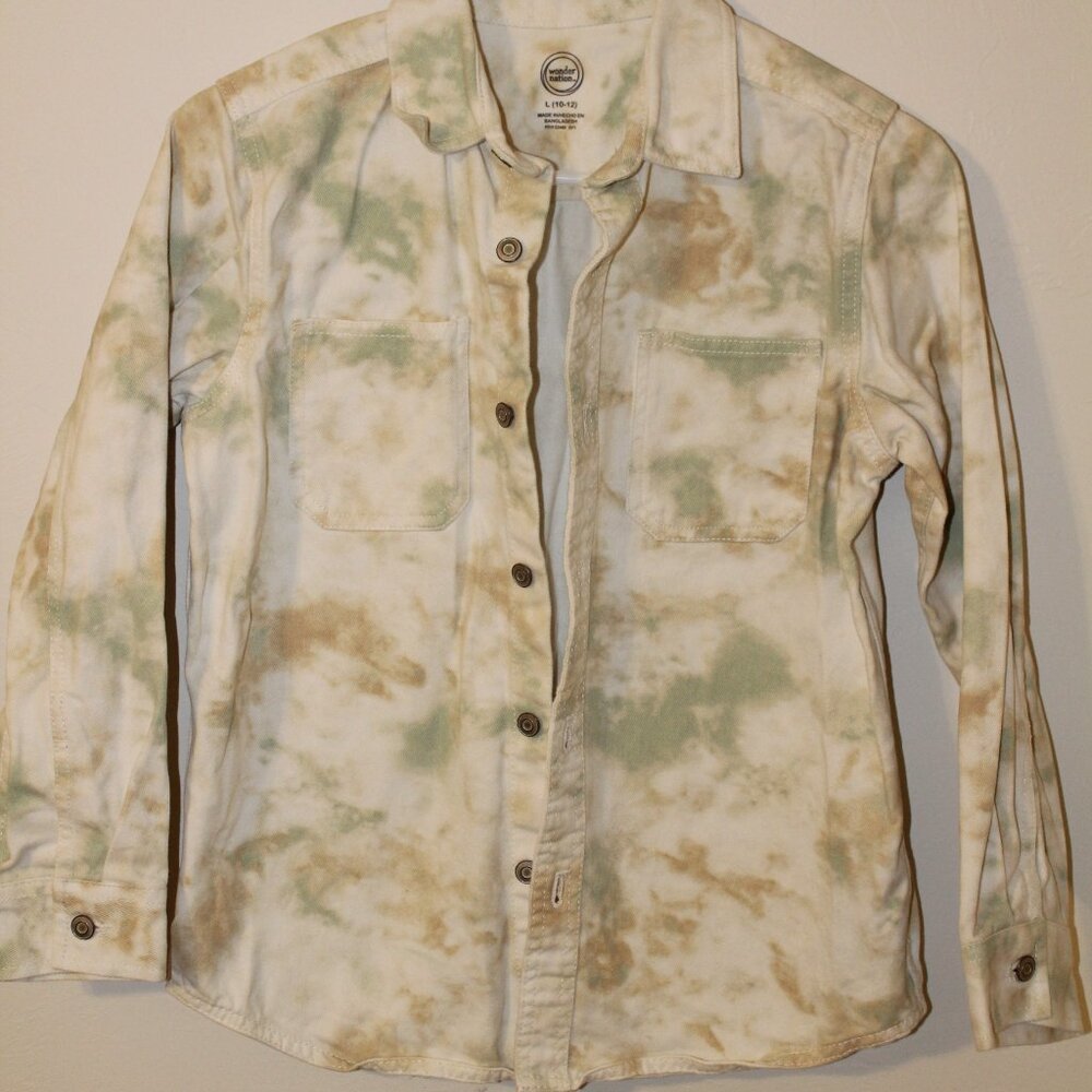 Wonder Nation Girls Tan, Green, and Cream Button Down Size Large